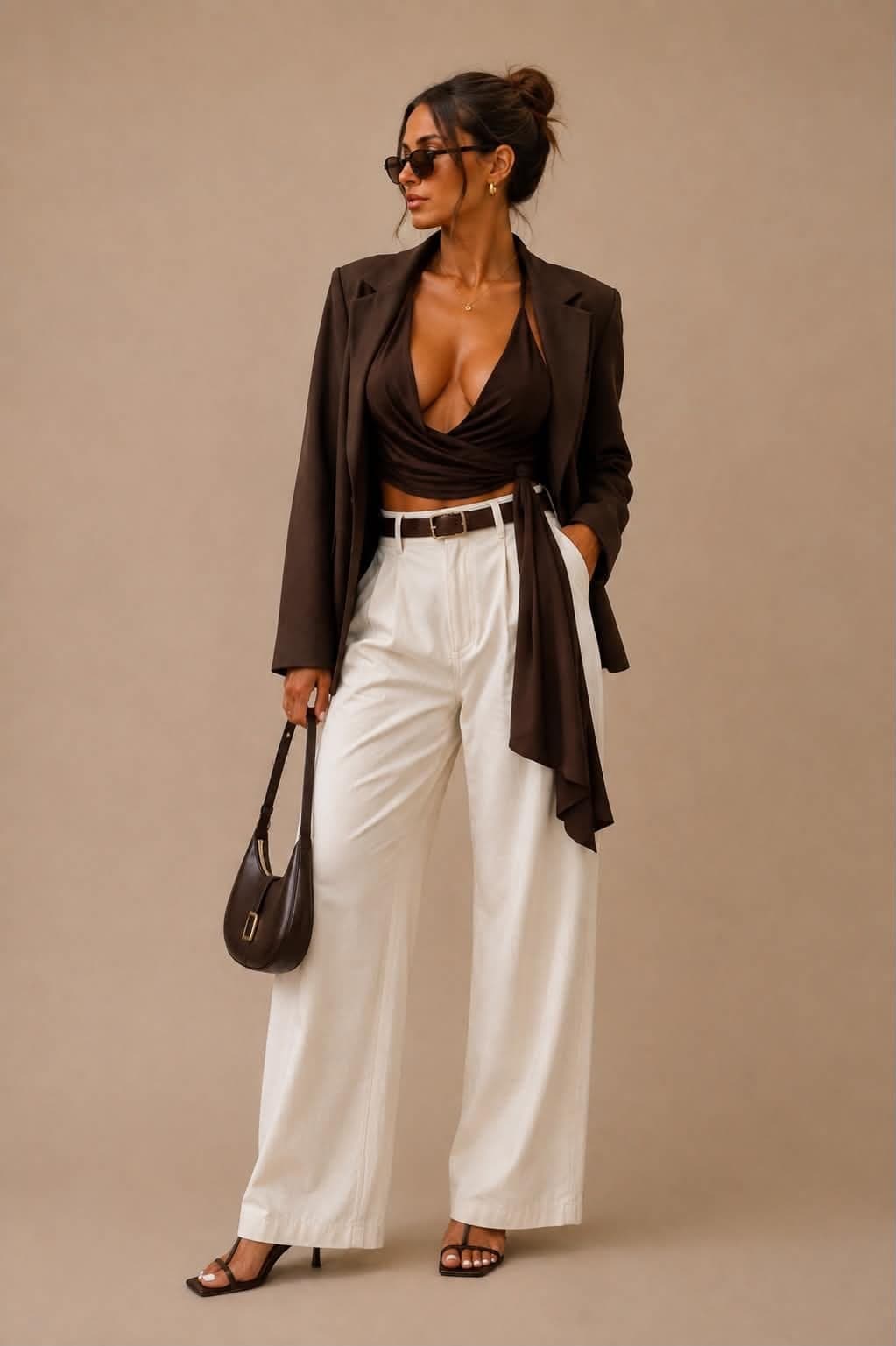 Blazer brun et pantalon large blanc